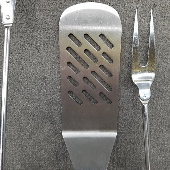 BBQ Grilling Tool Set of LOT 4 Metal Spatula Wood Handle Tongs 2 Tine Long Forks - Picture 2 of 16